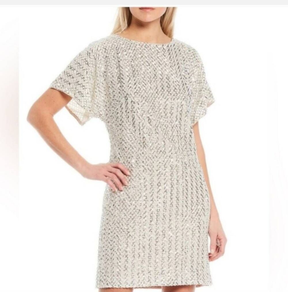 Vince Camuto Silver Sequin Lattice Shift Dress Size 12